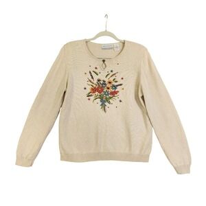 Alfred Dunner Womens Floral Embroidered Beaded Keyhole Sweater Size Petite Large